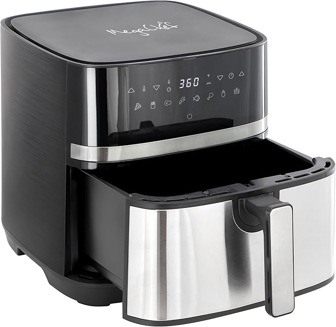 MegaChef 8.5 Quart Bundle Electric Air Fryer in Black and Stainless Steel with 125 Piece Paper Liners