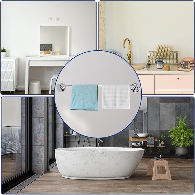 SLIIMU Suction Cup Towel Bar for Shower with 5 Hooks, 17-28 Inch Adjustable Stainless Steel Long Bathroom Wall Washcloth Rack,Extendable Glass Shower Door Suction Rag holder,Towel Rod for Bath Kitchen