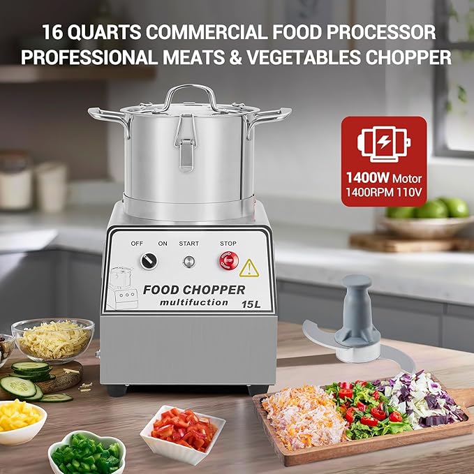 1400W Stainless Steel Commercial Food Processor, 63 Cup (16QT) Capacity, Electric Chopper & Meat Grinder for Vegetables, Nuts, Mixing, Blending, Durable Pro Kitchen Food Processing Machine
