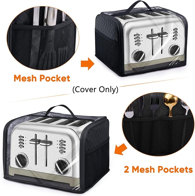 BAGSPRTIE Toaster Cover for 4 Slice Wide Slot, Full Open Dust Covers for Kitchen Appliances Compatible with Cuisinart, BELLA, Black and Decker 4 Slices, Toaster Bags with Zipper Closure (Cover Only)