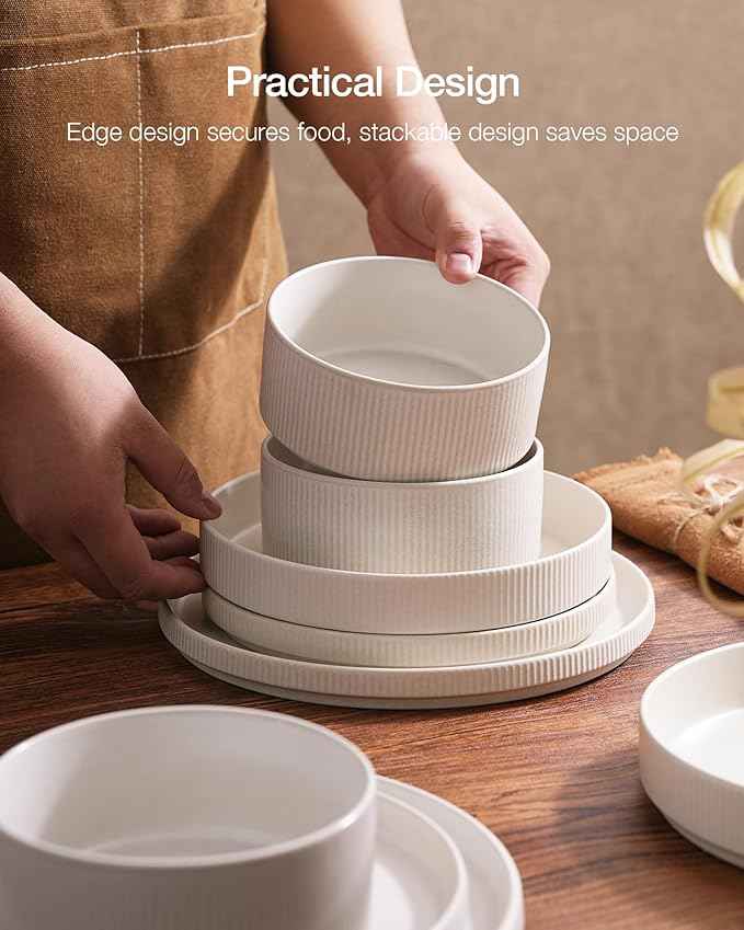 famiware Star Dinnerware Set with Mugs, Service for 6 (24 Pieces), Ribbed Stoneware Plates and Bowls Dishes Sets - Chip & Scratch Resistant, Microwave & Dishwasher Safe, Matte White