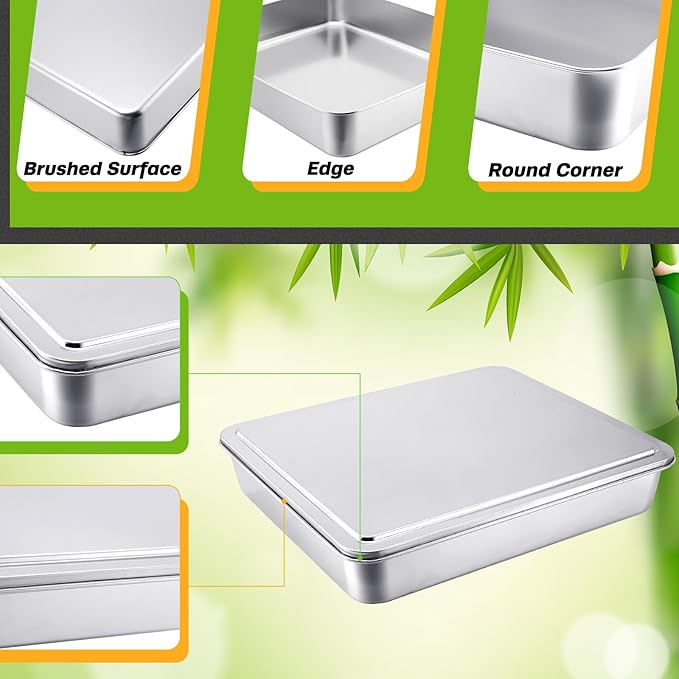 Tioncy 3 Set Stainless Steel Cake Pan with Lid 13/11/9 Inch Rectangle Sheet Baking Pan with Covers Bakeware with Lids for Cakes Breads Casseroles Fish Vegetables and More