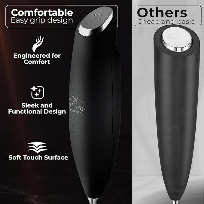 Zulay Kitchen Patented Tornado Triple Whisk Milk Frother with 4 Duracell Batteries – Handheld Foam Maker for Coffee, Lattes, Matcha & Hot Chocolate – Rich, Creamy Froth in Seconds - Obsidian Black
