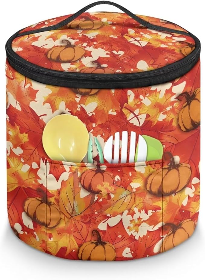 Fall Electric Pressure Cooker Insulation Bag Reinforced Zipper Closure Pressure Cooker Storage Top Padding Handle, Pumpkin Maple Leaf