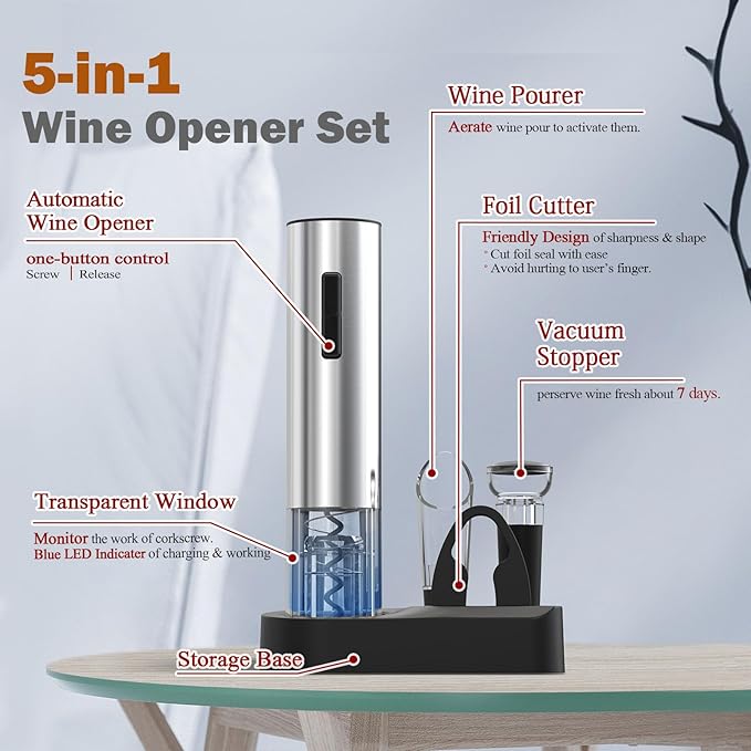 5-in-1 Electric Wine Opener Set Automatic Wine Opener Battery Operated Wine Bottle Opener with Wine Stopper, Wine Pour, Foil Cutter, Storage Base, Gift For Wine Lovers（Stainless Steel ）