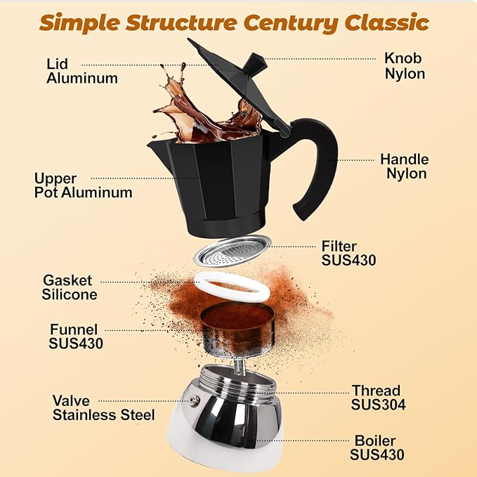 No Coating 6 Cup Aluminum and Stainless Steel Moka Pot Stovetop Espresso Maker Italian Coffee Machine 350ml 11.84oz Suitable for Gas Induction Stovetop Greca Coffee Maker Percolator Black