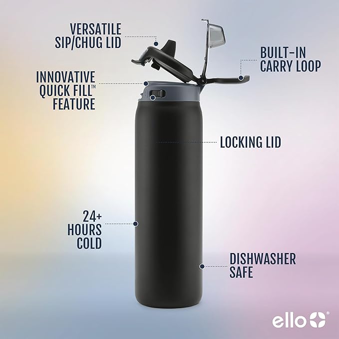Ello Pop & Fill 32oz Stainless Steel Water Bottle with Quick Fill Technology, Double Walled and Vacuum Insulated Metal, Leak Proof Locking Lid, Sip and Chug, Reusable, BPA Free, Tonal Black