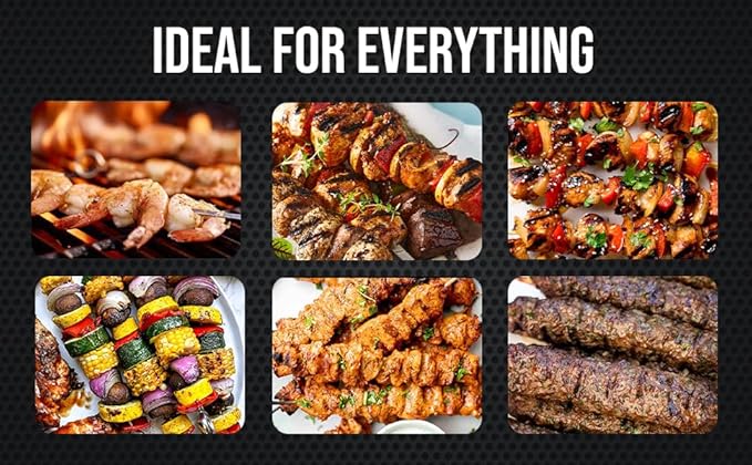 Fuego Skewers for Grilling - 17" Stainless Steel Flat Blade with Push Slider | Reusable & Dishwasher Safe | BBQ Skewers and Shish Kabob | Set of 8