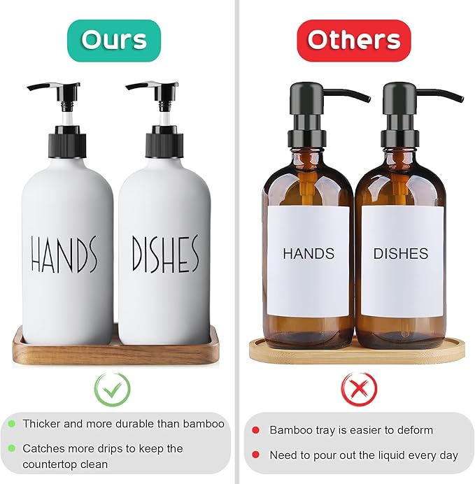 ALELION White Dish Soap Dispenser Set for Kitchen - 16 OZ Hand Soap Dispenser with Pump and Acacia Wood Tray - for White Kitchen Decor and Accessories
