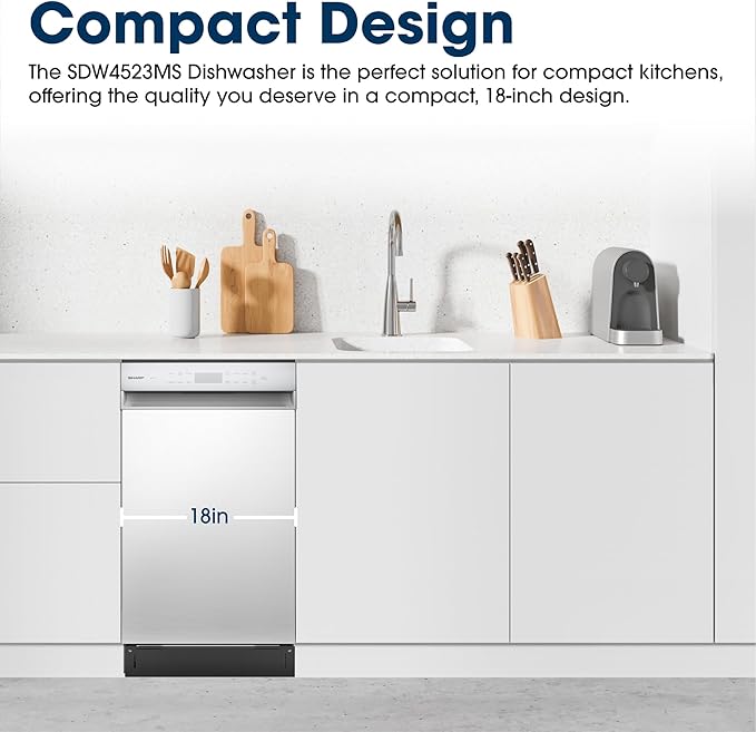 Sharp SDW4523MS 18-Inch Built-In Dishwasher, Stainless Steel, 47 dB, Third Rack, 8 Place Settings, 6 Wash Cycles