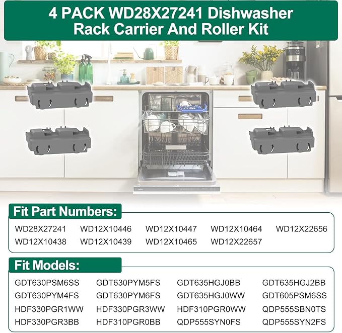 UPGRADED 304 Stainless Steel WD28X26099 WD28X24396 Dishwasher Lower Rack Replacement Compatible with GE Dishwasher Rack Parts With WD28X27241 Wheel & WD28X10128 Universal Dishwasher Silverware Basket