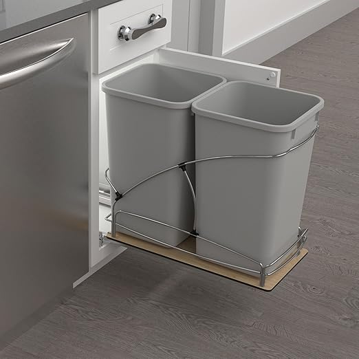 Rev-A-Shelf Steel Bottom Mount Double 27 Quart 6.75 Gallon Waste Bin Trash Container for Under Kitchen Cabinet with Soft Close, Gray, 54WC-1527SC-17-1