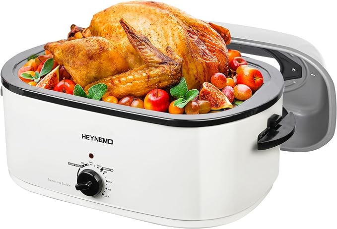 22QT Electric Roaster Oven, Electric Turkey Roaster with Viewing & Self-basting Lid, Stainless Steel Turkey Roaster Oven, White