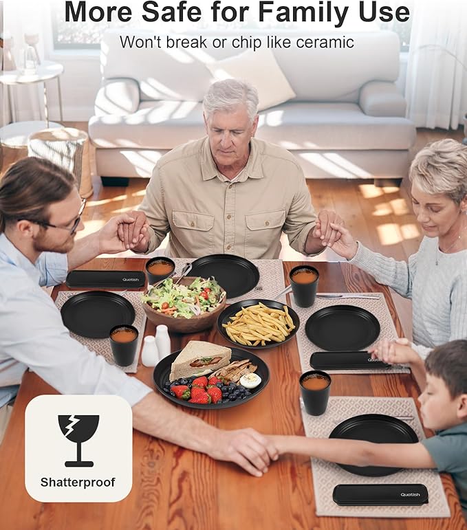 Quatish 32 Piece Plates and Bowls Sets for 8, Unbreakable Dinnerware Sets, Dish Set for Camping, Dishwasher Microwave Safe, Outdoor Kitchen and Apartment Dinning RV Essentials, Black