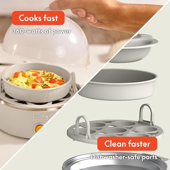 bella Electric Egg Cooker, 7 Eggs Capacity Tray, Single Stack, for Poached, Scrambled, Hard, Medium & Soft Boiled Eggs, Omelets and Steamed Dumplings, Auto Shutoff, 360 Watt, Oatmilk