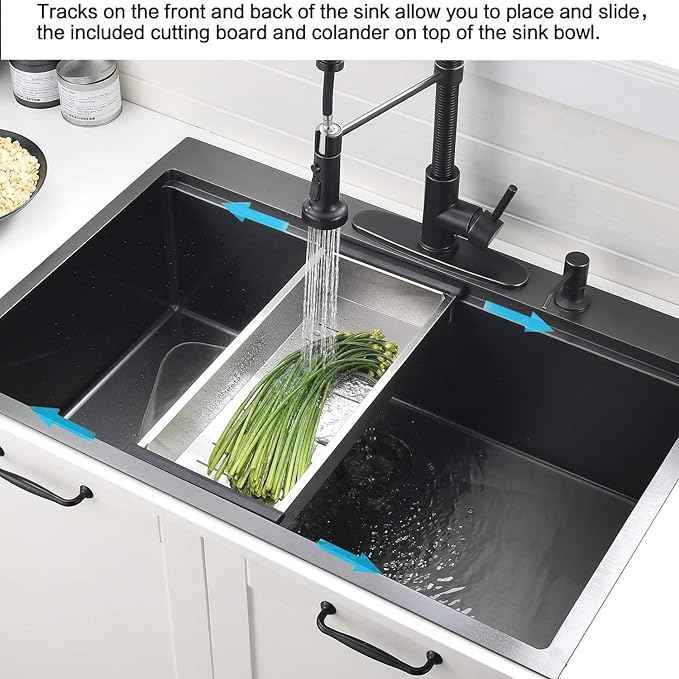 30 Inch Black Drop in Kitchen Sink Workstation -VOKIM 30 x 22 - Inch Drop in sink 16 Gage Stainless Steel TopMount sink Single Bowl 10'' Deep Kitchen Sink with Cutting Board