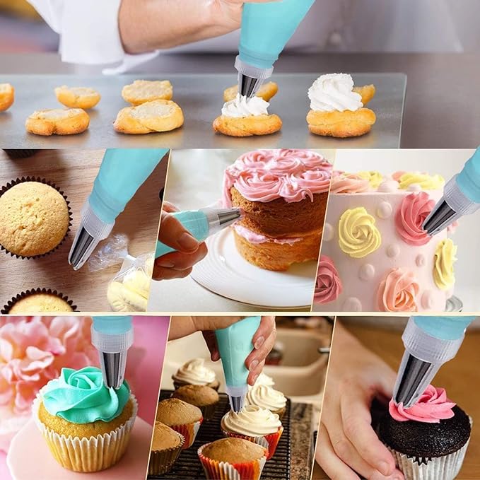 Piping Bags and Tips Set, 18" Reusable Piping Bags, Frosting Piping Kit for Baking with Pastry Bags and Tips, Standard Converters, Silicone Rings, Cake