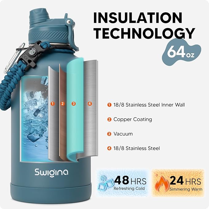 Swigina [2-IN-1 LID] 64 oz Insulated Water Bottle with Silicone Boot (48hrs Cold/24hrs Hot) - DIY Stickers, Leakproof, BPA Free, Half Gallon