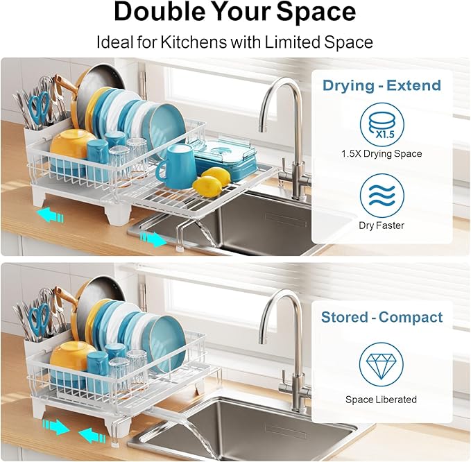 GSlife Expandable Dish Drying Rack for Kitchen Counter, Large Capacity 2-in-1 Rust Resistant Dish Drainer with Swivel Spout and Pull Out Over Sink Extension, 16.7" W x 12.6"-22.4" L, White