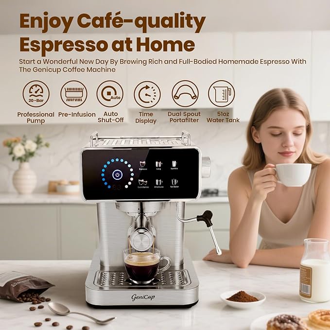 Touchscreen Espresso Machines with Timer 20 Bar Expresso Coffee Machines Professional Stainless Steel Coffee Maker with 51oz Water Tank for Latte Americano, Cappuccino Machine for Home Office