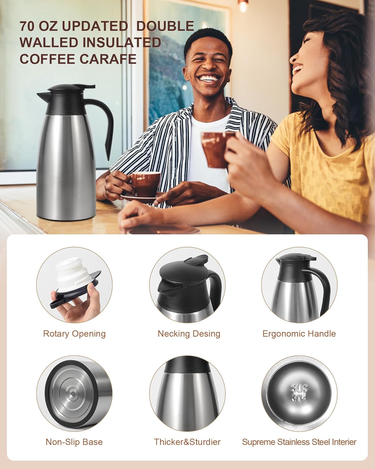 70Oz Thermal Coffee Carafe for keeping hot, 2 PCS Updated Carafe for hot liquid, Insulated Coffee Carafe Stainless Steel Thermal Pot for Coffee, Hot Water,Keep Hot 12 Hours (silver+silver)