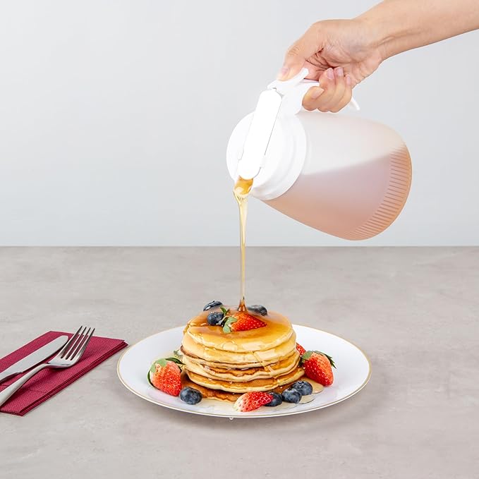 Restaurantware-Chef 101 48 Ounce All Purpose Syrup Dispenser, 1 Honey Dispenser - White Top, Stainless Steel Slide Cover, Plastic Pancake Syrup Bottle, Perfect For Diners, Restaurants, Home