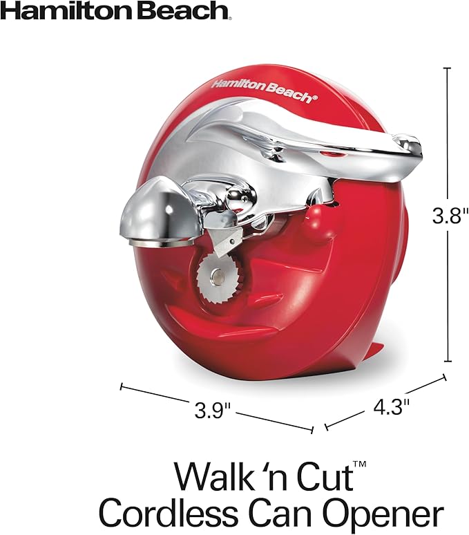 Hamilton Beach Walk 'n Cut Electric Can Opener for Kitchen, Use On Any Size, Automatic and Hand-Free, Cordless & Rechargeable, Easy Clean Removable Blade, Red (76506)
