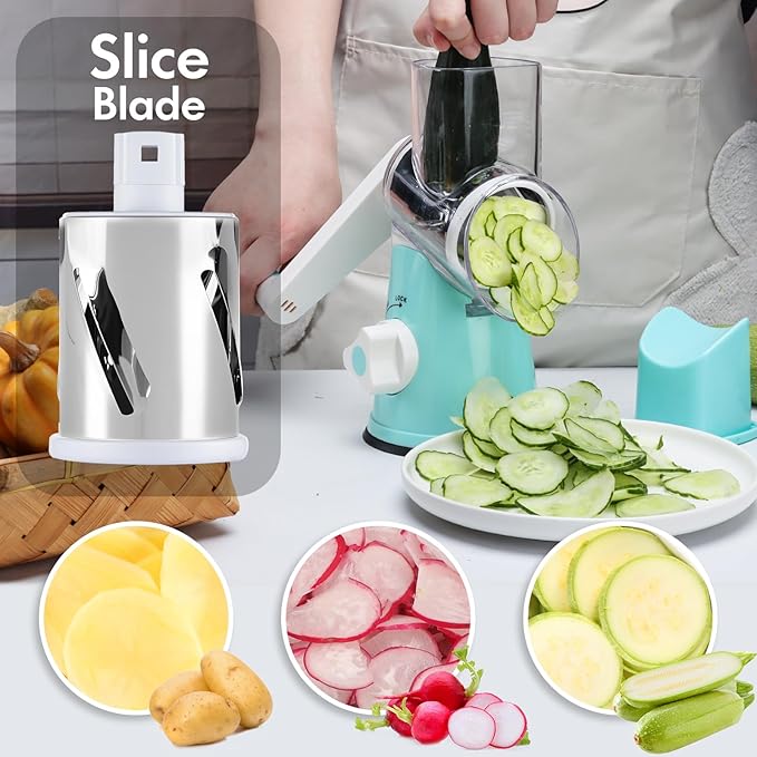Cheese Grater Hand Crank, Rotary Vegetable Shredder with Handle and Strong Suction base, 3 in 1 Kitchen Speed Spin Veggie Slicer Nut Grinder for Pizza Top, Hash brown, Salad and More (Blue)