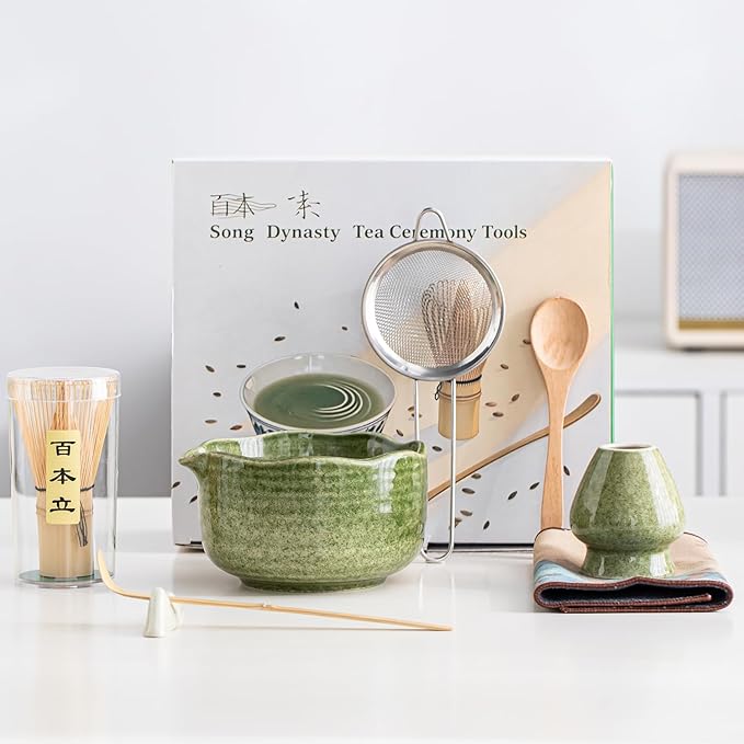 Matcha Set 7-Piece Tea Set with Brush, Bowl, Whisk, Strainer, Chasen, for Matcha Tea Ceremony (Matcha Green)
