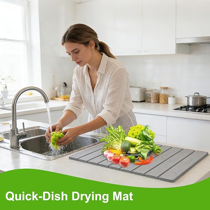 Stone Dish Drying Mat for Kitchen Counter - Large Foldable Collapsible Quick Drying Dish Mats, Ultra Absorbent Diatomaceous Earth Mats for Kitchen Dishes Bottles Cups Bathroom -Light Gray