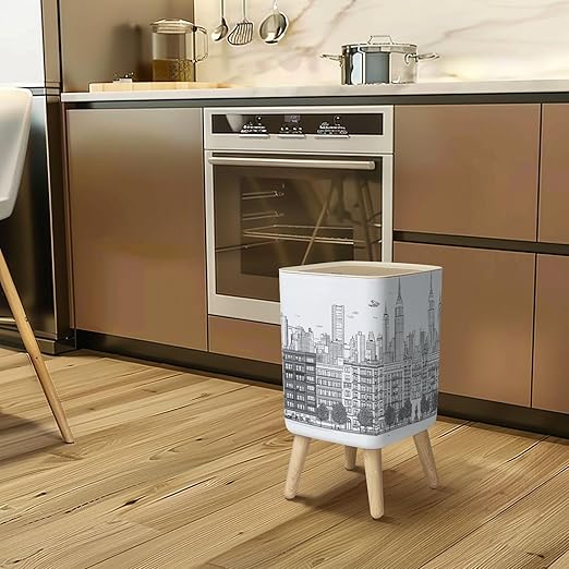 Small Trash Can with Lid Hand drawn panorama New York City skyline cityscape seamless suitable Wastebasket with Press Cover Dog Proof Garbage Can Waste Bin for Kitchen Bathroom Nursery 2.6 Gallon