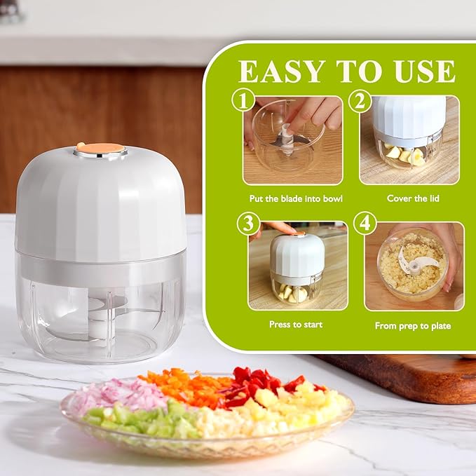 Garlic Chopper Electric 250ml,Mini Chopper Cordless With 304 Stainless Steel Blade, Mini Food Processor For Onion, Chili, Tomatoes, Electric Chopper For Kitchen, white, AGC100