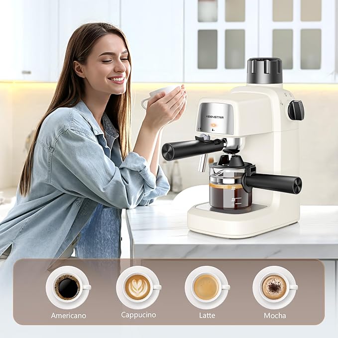 KEENSTAR 3.5Bar Espresso Machine with Milk Frother, 800W Compact Espresso and Cappuccino Machine with Preheating Function, 4 Cup Espresso Maker for Cappuccino or Latte, Gift for Coffee Lover Update