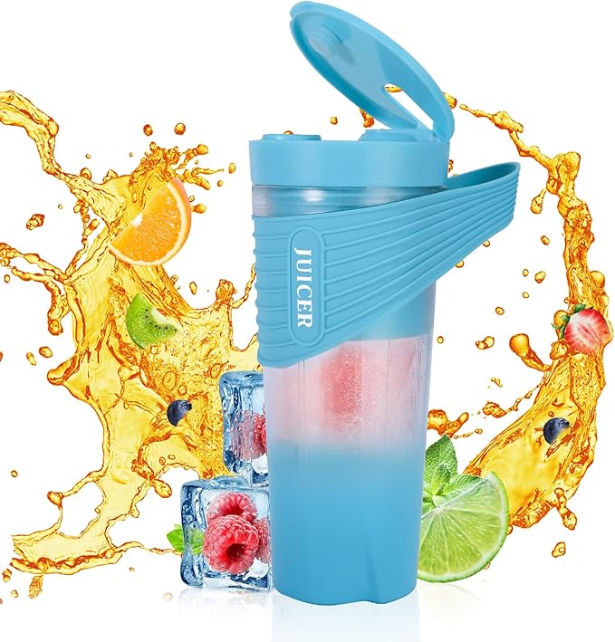 Portable Blender 460ml for Shakes Smoothie Juice, for Travel Gym Office, 4000mAh Type-C Rechargeable Personal Blender with 6 Sharp Blades Powerful 22000r/m Water Bottle Cup (Blue)