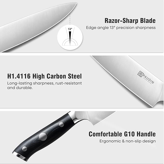 PAUDIN Chef Knife 8 Inch, Professional Kitchen Knife, 7Cr17MoV German Stainless Steel Forged Chefs Knives with Ergonomic G10 Handle, Classic Chef's Knives Meat Knife with Gift Box
