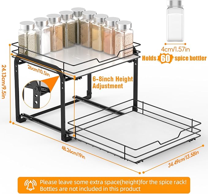 Spice Rack Organizer for Cabinet, 2 Tier Vertical Pull Out Spice Rack – Heavy Duty Metal Spice Organization for Cabinet, 60-Jar Capacity, Height Adjustable Cabinet Organizer, 13.58''Wx10.5''Dx9.5''H