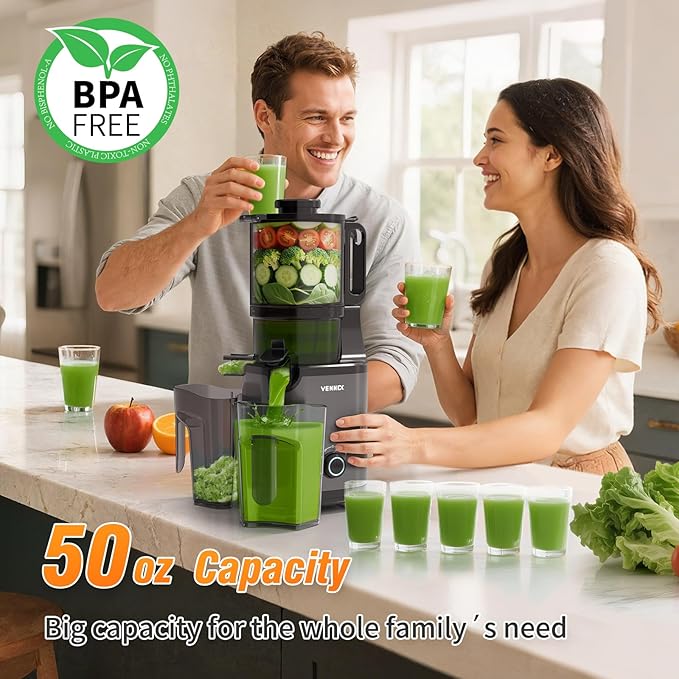 VENNXE Masticating Juicer Machines, 5.7" Extra Large Feed Chute Cold Pressed Juicer, Easy to Clean Slow Juicers, High Yield Electric Juice Extractor for Vegetable and Fruits, 50oz Capacity Juice Maker