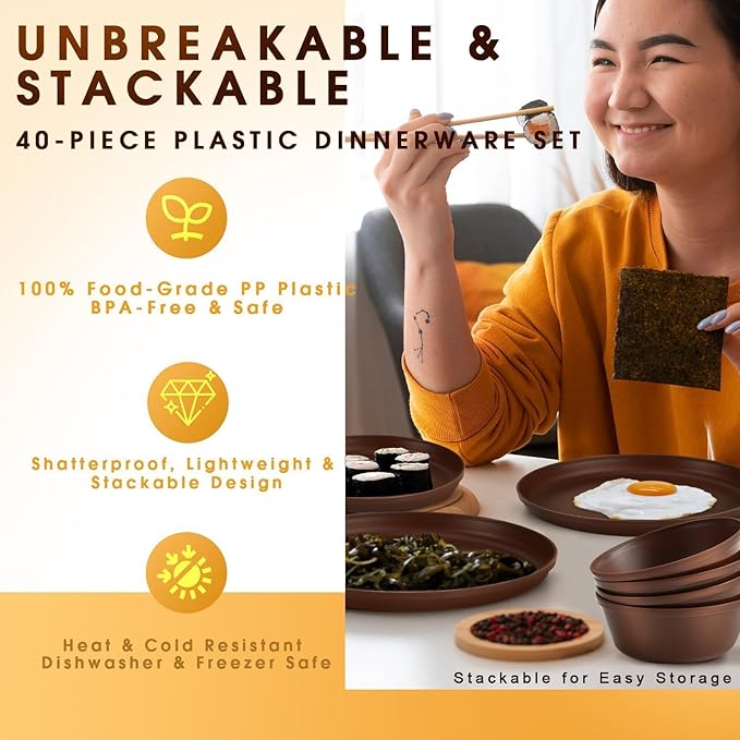 40 Piece Plastic Dinnerware Set for 8 with Cutlery, Unbreakable Plates and Bowls Set, Dishwasher & Microwave Safe Reusable Dish Set for Camping, RV, Outdoor Kitchen, Apartment Dining, Brown
