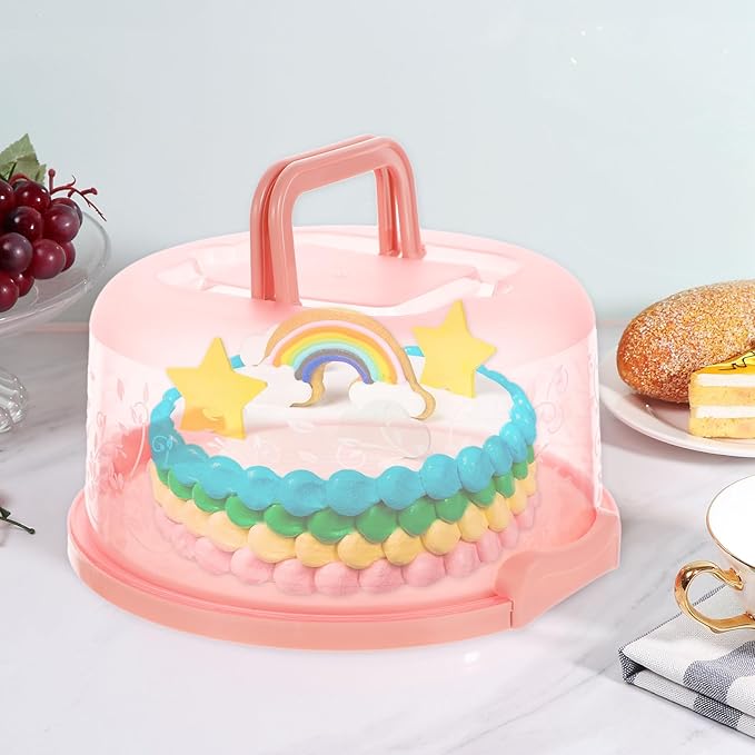 Amosfun 9.84 Inch Portable Cake Carrier with Handle Buckle Seal Round Cake Box Container Lightweight Cupcake Holder Tray for Dessert Transport