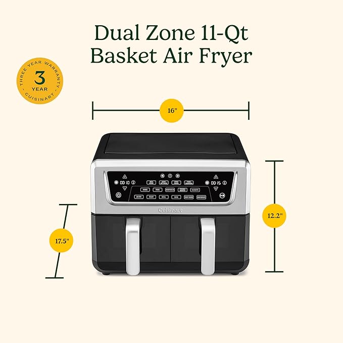 Cuisinart Dual Basket Air Fryer, Two Baskets 11 Qt in Total, 6 Functions: Air Fry, Roast, Bake, Broil, Dehydrate & Keep Warm, Features Sync Finish & Sync Settings, Toss Reminder & Auto-Pause, ADZ-112