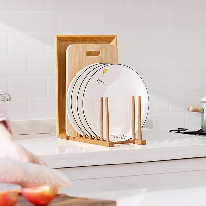 HBlife 2pcs Heighten and Widen Bamboo Dish Dying Rack Pot Lid Plate Organizer Holder for Cabinet, Cutting Board Stand Drainer Storage Plate Rack for Dish, Pot Lid, Bowl, Cup, Cutting Board and Books