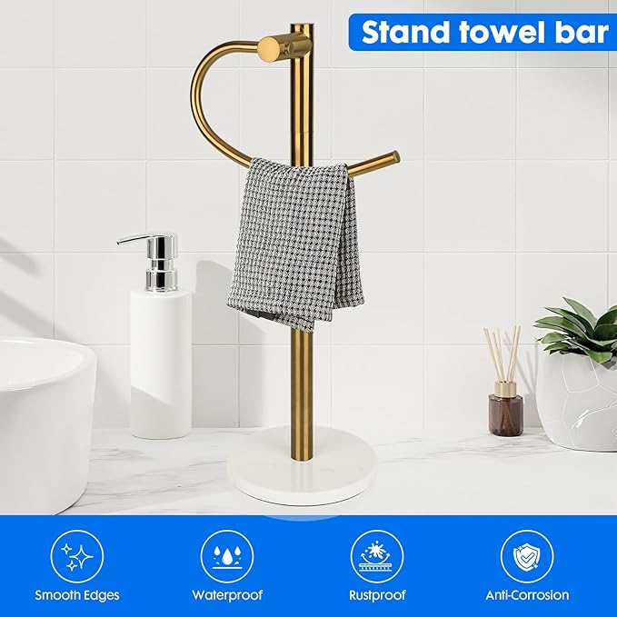 19 inch Brushed Gold Hand Towel Holder Stand,Hand Towel Bar Bathroom Vanity Countertop Towel Holder Free Standing,Towel Ring Hardware Accessories Towel Rack