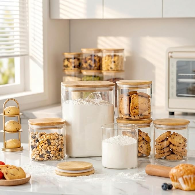 Extra Large Square Glass Flour & Sugar Storage Containers with Airtight Lids, 132 floz & 63 floz - 2 Pack Glass Jars with Bamboo Lids, Air tight Food Storage Containers for Cereal, Pasta, Rice