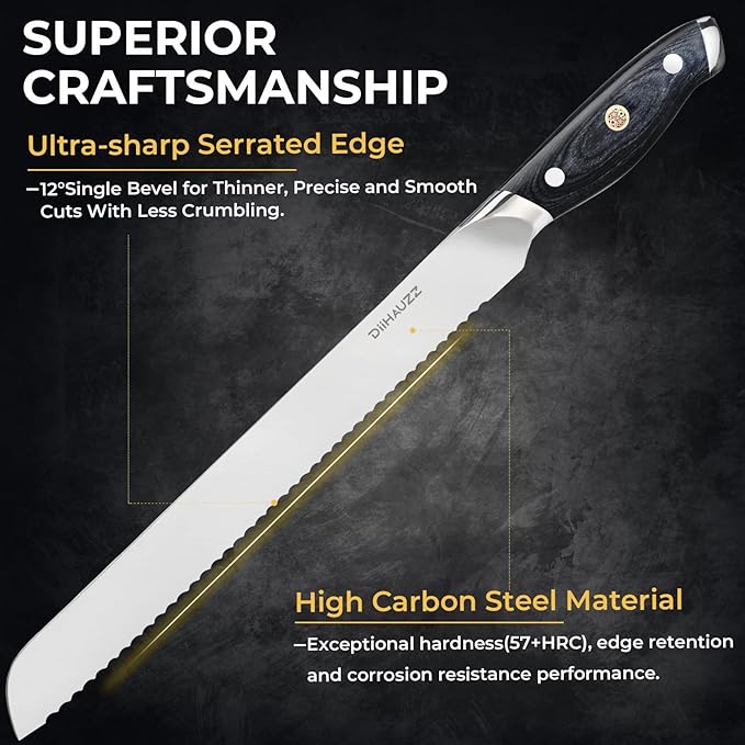 Bread Knife, 10 Inch Serrated Knife for Slicing Homemade Bread, Razor Sharp High Carbon Steel, Professional Bakery Kitchen Knives with Full Tang Ergonomic Handle for Sourdough, Bagel, Cake