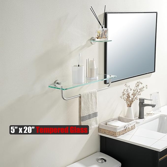 JQK Bathroom Glass Shelf, Shelf with 19 Inch Towel Bar Tempered Glass Shower Storage 20 by 5 inches, 304 Stainless Steel Brushed Finish Wall Mount, TGS100L20-BN