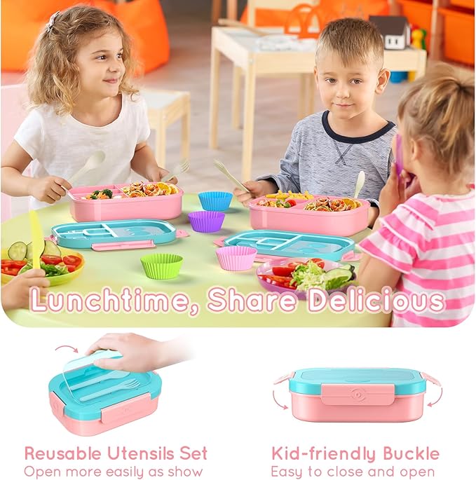 Lunch Box Kid Adult Bento Box, 4-Compartment Food Lunch Containers with Fork & Spoon, BPA Free, Leak-Proof Bento-Style Lunch Box for Work School, Microwave & Dishwasher Safe (Candy)
