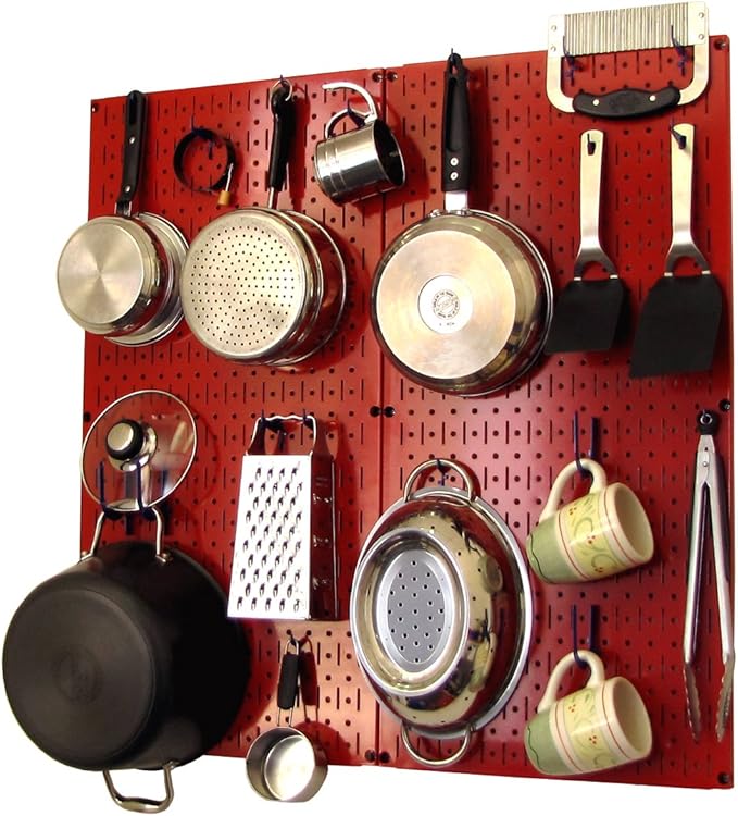Wall Control Kitchen Pegboard Organizer Pots and Pans Storage Rack Organization Kit with Red Pegboard and Blue Accessories
