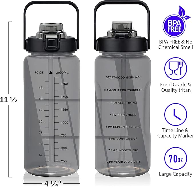 Half Gallon Water Bottle with Sleeve, 64OZ Motivational Water Bottle with Straw & Time Marker, BPA Free Leakproof Large Sports Water Bottle, Reusable Water Jug for Workout Gym Sport