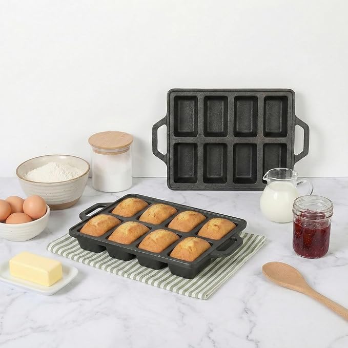 Flavehc 2pack Cast Iron Mini Loaf Pans 8-Cavity Bread Loaf Pans Pre-Seasoned Baking Pan Molds with Handle Bread Pans for Homemade Bread