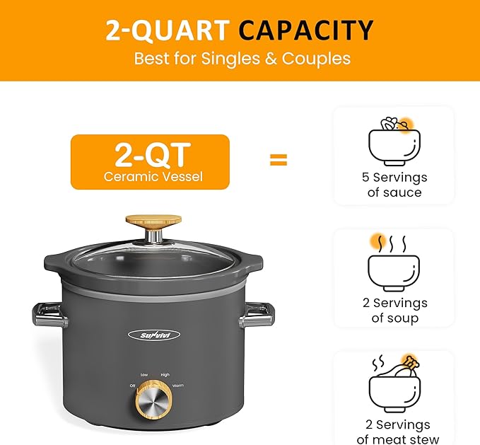 SUNVIVIPRO Small Slow Cooker with Removable Ceramic Pot, Food Warmer with 3 Heating Settings & Dishwasher Safe Glass Lid, Grey